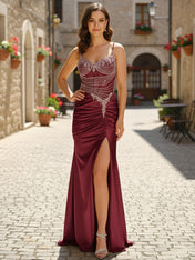 Gold Rhinestone Bodice Satin Sheer Corset Prom Dress with Slit