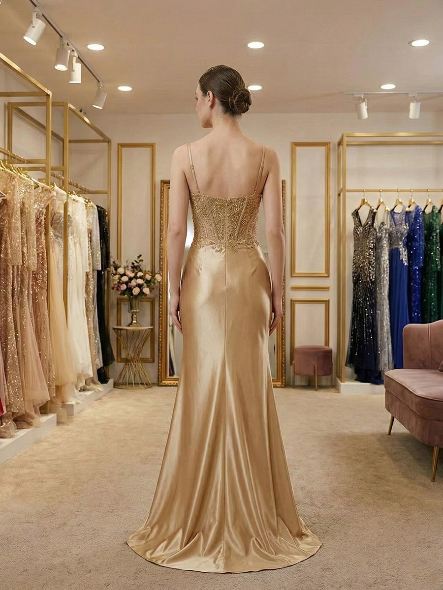 Dreamylily Prom Dress Gold Satin Beaded Bodice Corset Evening Gown with