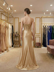 Gold Satin Beaded Bodice Corset Prom Dress with Slit