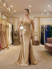 Gold Satin Beaded Bodice Corset Prom Dress with Slit