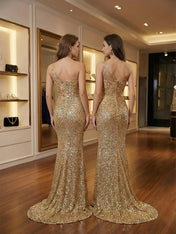 Dreamylily Prom Dress Gold Sequin One-Shoulder Illusion Long Evening Gown