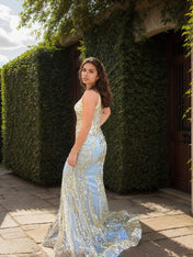 Gold Sequin V-Neck Metallic Embroidered Mermaid Prom Dress