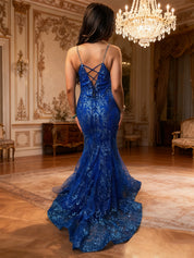 Gold Sequin V-Neck Metallic Embroidered Mermaid Prom Dress