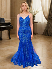 Gold Sequin V-Neck Metallic Embroidered Mermaid Prom Dress