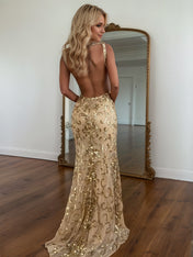Gold Sequin V-Neck Open Back Mermaid Prom Dress with Slit