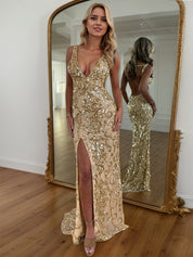 Gold Sequin V-Neck Open Back Mermaid Prom Dress with High Slit