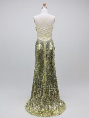 Gold Spaghetti Straps Paillette Sequin Sheath Long Prom Dress