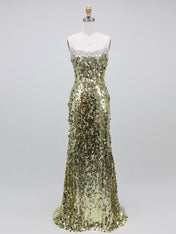 Gold Spaghetti Straps Paillette Sequin Sheath Long Prom Dress
