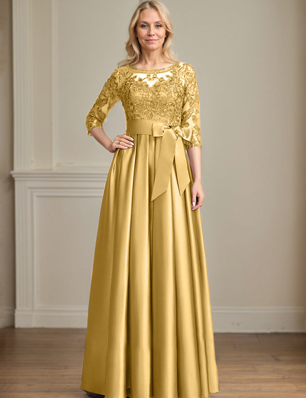 A-line Scoop Illusion Floor-Length Satin Lace Mother of the Bride Dress With Sequins Bow