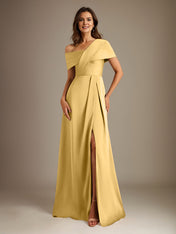 A-Line Asymmetrical Neckline Floor-Length Satin Mother of the Bride Dress With Pleated