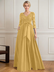 A-line V-Neck Floor-Length Satin Lace Mother of the Bride Dress With Sequins Bow