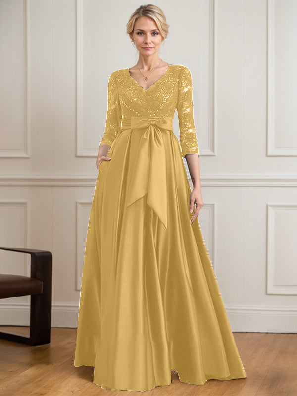 A-line V-Neck Floor-Length Satin Lace Mother of the Bride Dress With Sequins Bow