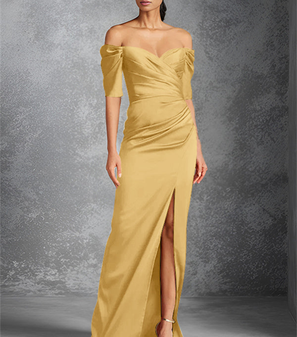 Sheath/Column Off-the-Shoulder Short Sleeves Floor-Length Mother of the Bride Dresses With Split Front