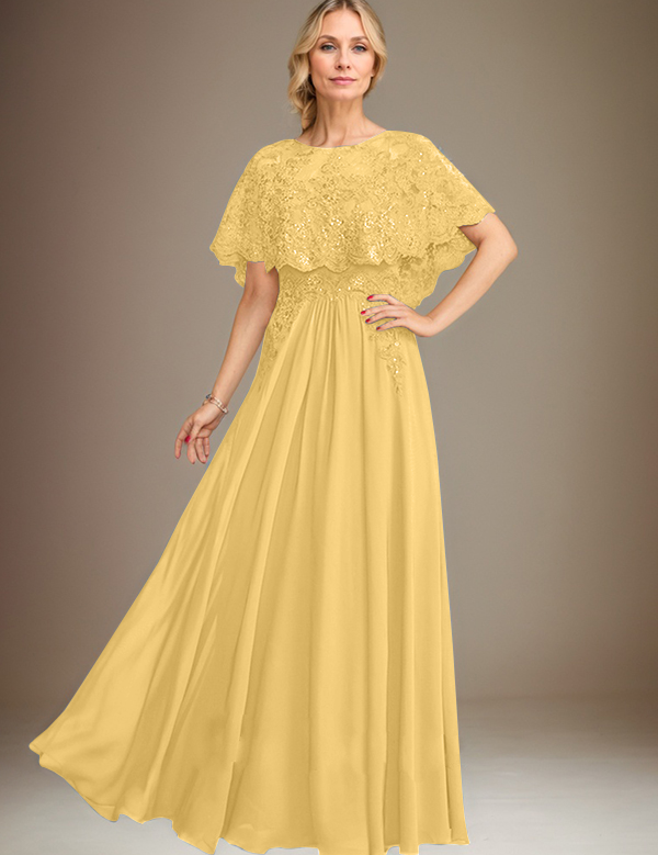 A-line Boat Neck Floor-Length Lace Chiffon Mother of the Bride Dress With Applique Sequins