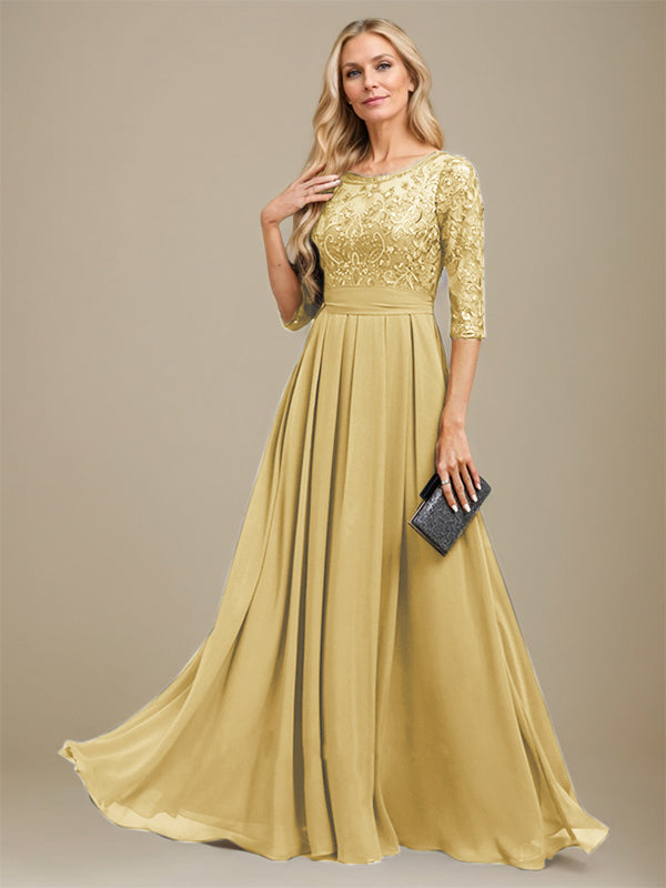 A-Line Scoop Floor-Length Lace Chiffon Mother Of the Bride Dress With Sequins Applique