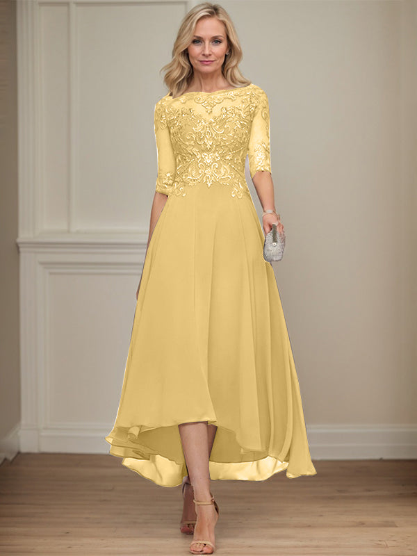 A-line Boat Neck Illusion Asymmetrical Chiffon Lace Mother of the Bride Dress With Sequins Beading