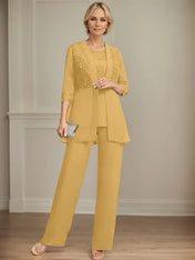 Jumpsuit/Pantsuit Separates Scoop Floor-Length Chiffon Lace Mother of the Bride Dress With Sequins