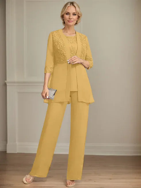 Pantsuit Separates Scoop Floor-Length Chiffon Lace Mother of the Bride Dress With Sequins