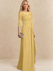 A-line Scoop Illusion Floor-Length Chiffon Lace Mother of the Bride Dress With Beading Sequins Cascading Ruffles