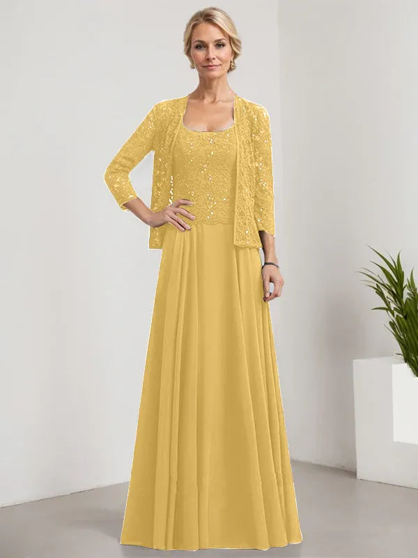 A-line Square Floor-Length Lace Chiffon Mother of the Bride Dress With Sequins