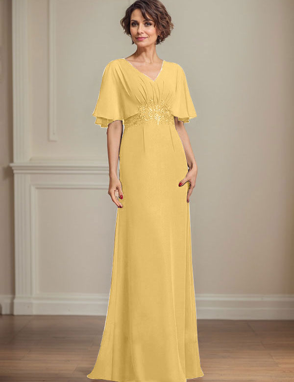 A-line V-Neck Floor-Length Chiffon Mother of the Bride Dress With Pleated Sequins Appliques Lace