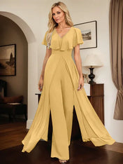 Jumpsuit/Pantsuit V-Neck Floor-Length Chiffon Evening Dress