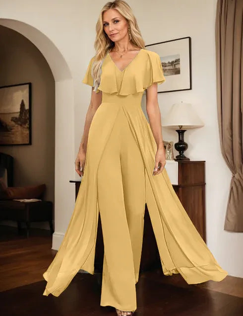 Pantsuit V-Neck Floor-Length Chiffon Evening Dress