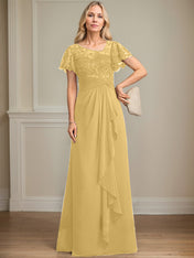 A-line Asymmetrical Illusion Floor-Length Lace Chiffon Mother of the Bride Dress With Cascading Ruffles Sequins