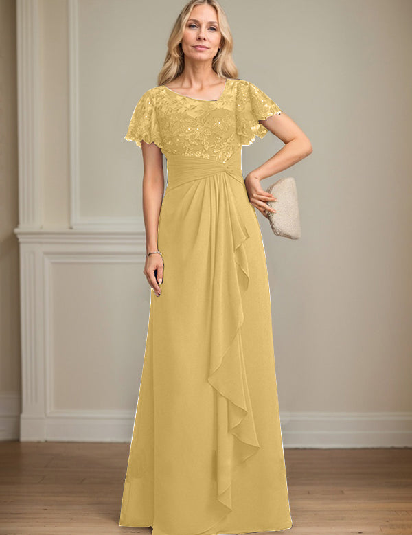 A-line Asymmetrical Illusion Floor-Length Lace Chiffon Mother of the Bride Dress With Cascading Ruffles Sequins