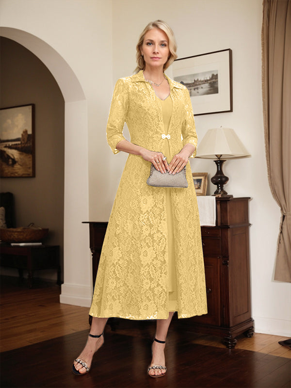 A-line V-Neck Tea-Length Chiffon Mother of the Bride Dress