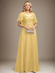 A-line Scoop Illusion Floor-Length Lace Chiffon Mother of the Bride Dress With Sequins