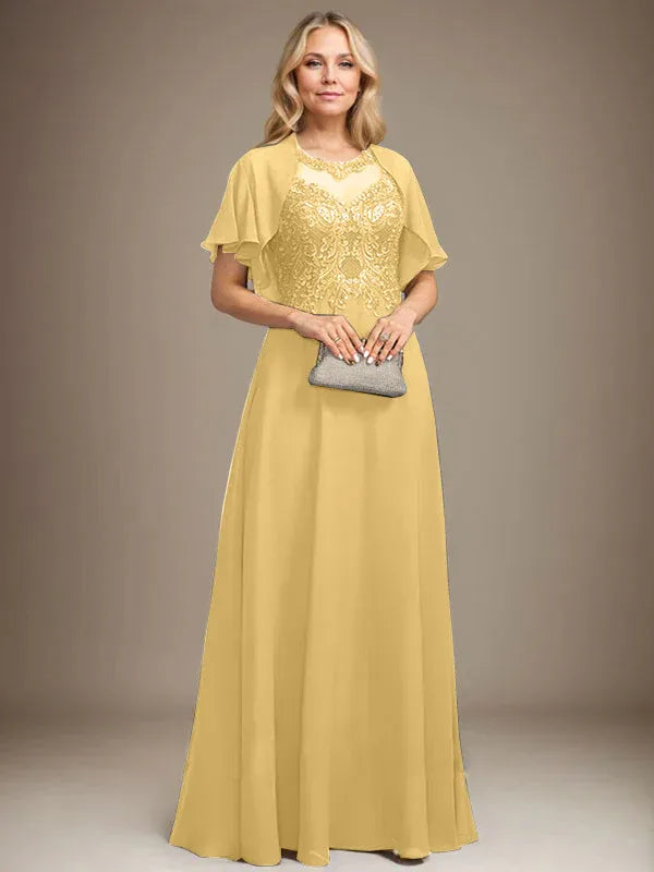 Robe de mère de la mariée trapèze en mousseline de soie et dentelle, longueur au sol, avec décolleté en V et paillettes 