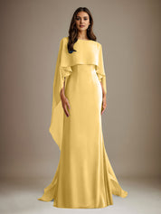 Robe de mère de la mariée en mousseline, coupe fourreau/colonne, col bateau, longueur ras du sol, avec volants en cascade 