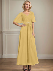 A-line V-Neck Ankle-Length Chiffon Mother of the Bride Dress With Pleated Beading Sequins