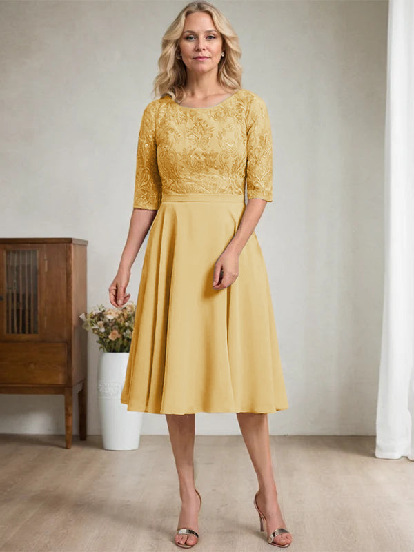 A-line Scoop Knee-Length Lace Chiffon Mother of the Bride Dress