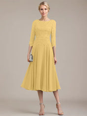 A-line Scoop Tea-Length Lace Chiffon Mother of the Bride Dress