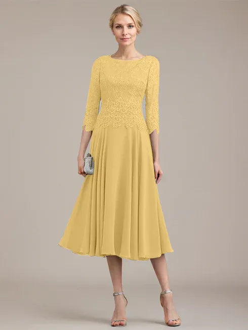 A-line Scoop Tea-Length Lace Chiffon Mother of the Bride Dress