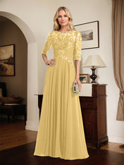 A-line Scoop Illusion Floor-Length Chiffon Lace Mother of the Bride Dress With Pleated Sequins