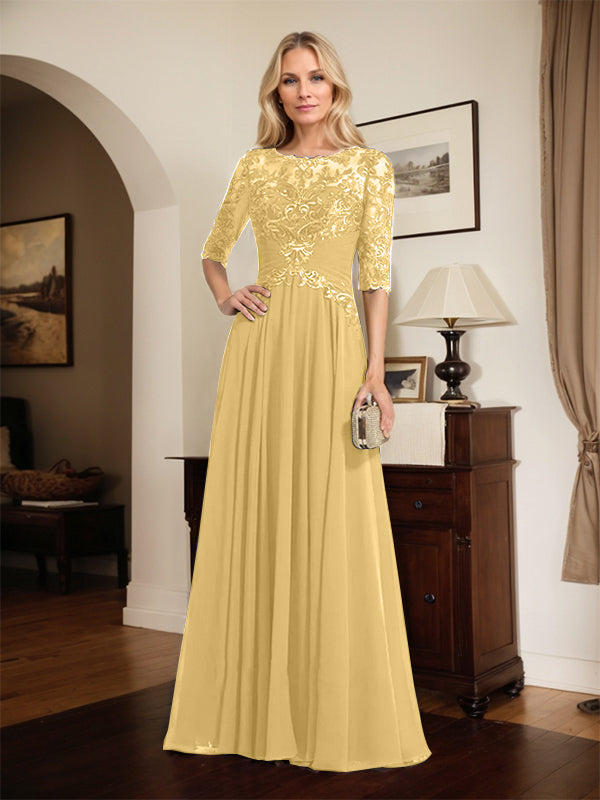 A-line Scoop Illusion Floor-Length Chiffon Lace Mother of the Bride Dress With Pleated Sequins