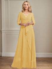 A-line V-Neck Floor-Length Chiffon Mother of the Bride Dress With Pleated Beading