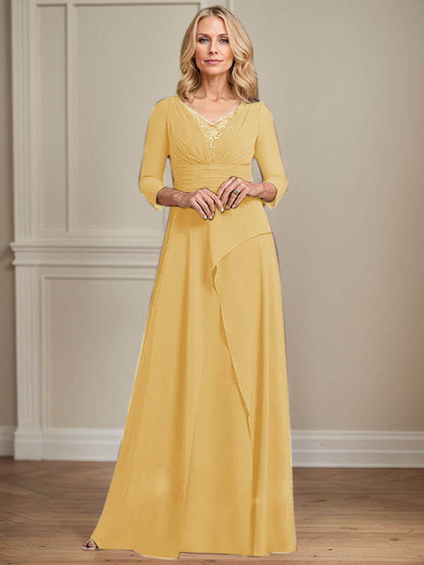 A-line V-Neck Floor-Length Chiffon Mother of the Bride Dress With Pleated Beading