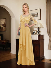 A-line Scoop Illusion Floor-Length Lace Chiffon Mother of the Bride Dress With Cascading Ruffles