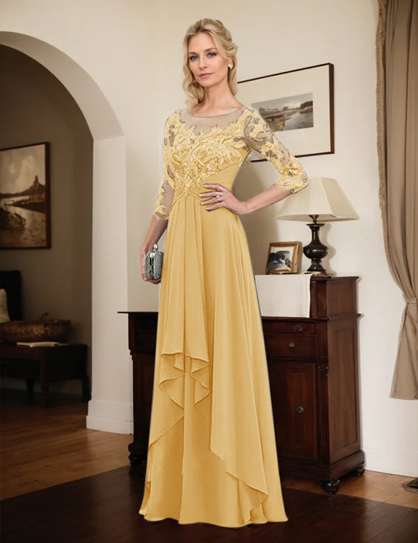 Robe de mère de la mariée trapèze en mousseline de soie et dentelle, longueur au sol, avec volants en cascade 