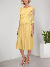 A-line Scoop Tea-Length Lace Chiffon Mother of the Bride Dress With Embroidery
