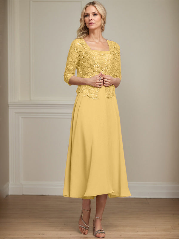 A-line Square Tea-Length Chiffon Lace Mother of the Bride Dress With Sequins Beading