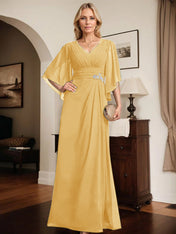 Sheath/Column V-Neck Floor-Length Chiffon Mother of the Bride Dress With Pleated Sequins Beading