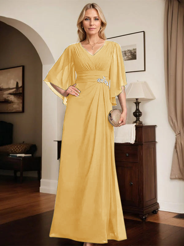 Column V-Neck Floor-Length Chiffon Mother of the Bride Dress With Pleated Sequins Beading