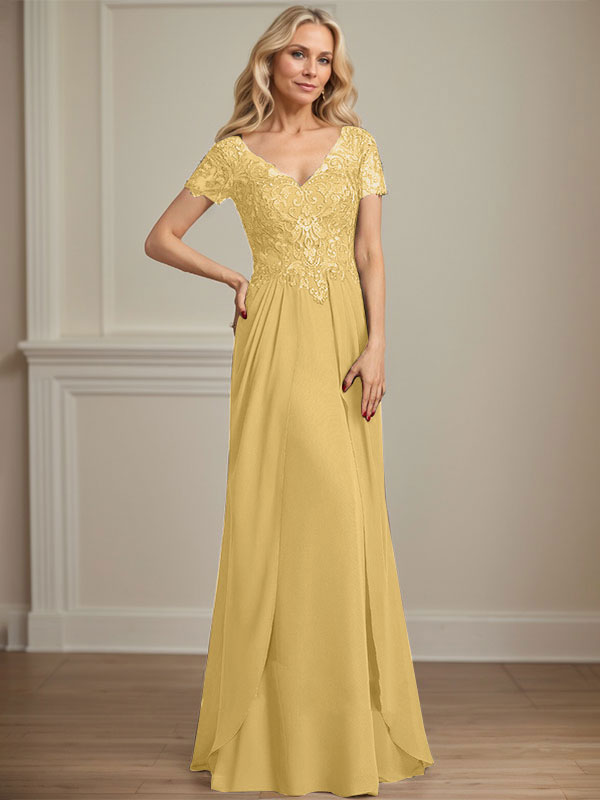 A-line V-Neck Floor-Length Chiffon Lace Mother of the Bride Dress