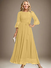 A-line Scoop Ankle-Length Lace Chiffon Mother of the Bride Dress With Bow