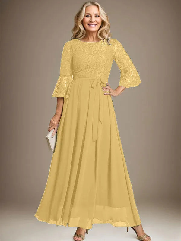 Robe de mère de la mariée trapèze en mousseline de soie et dentelle, longueur cheville, avec nœud